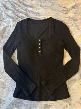 Size L OGL Black Ribbed Long-Sleeve Henley Top w/ Built-in Bra